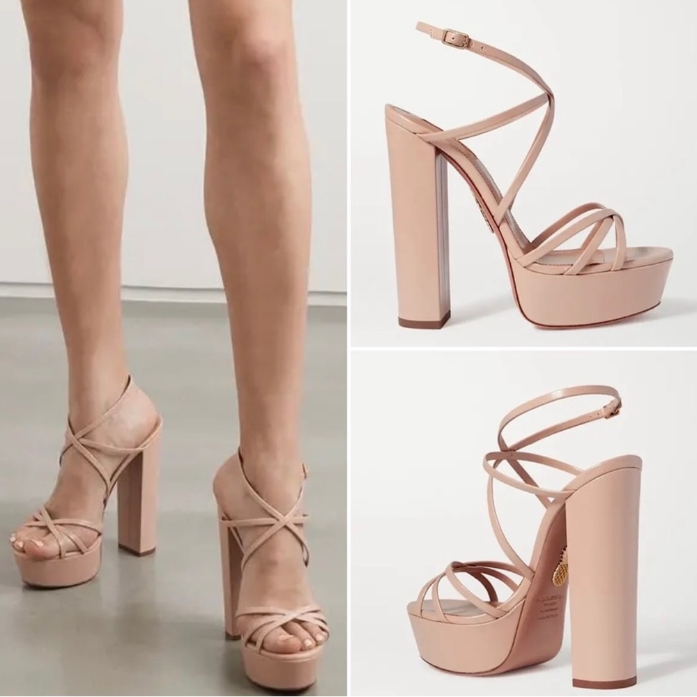 New Aquazurra Gin 140 Leather Platform Sandals Beige 39